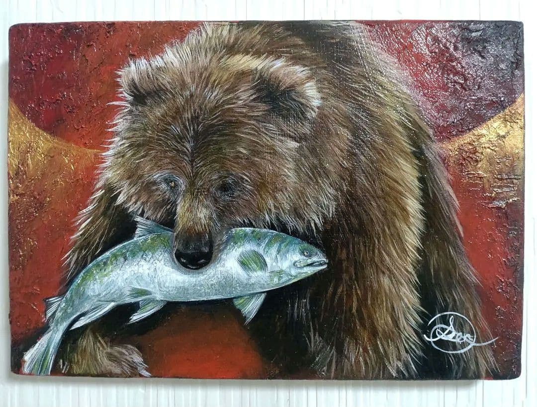 クマの油絵【覇者】1点物の原画◆作者サイン入り/SMサイズキャンバス