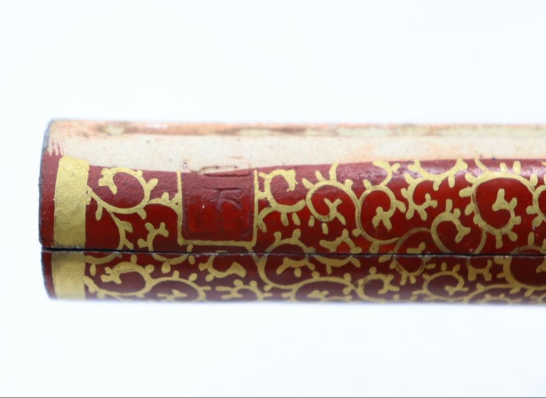 赤絵　金彩唐草紋　笛型お香立　在銘　木箱入　送料込み250618