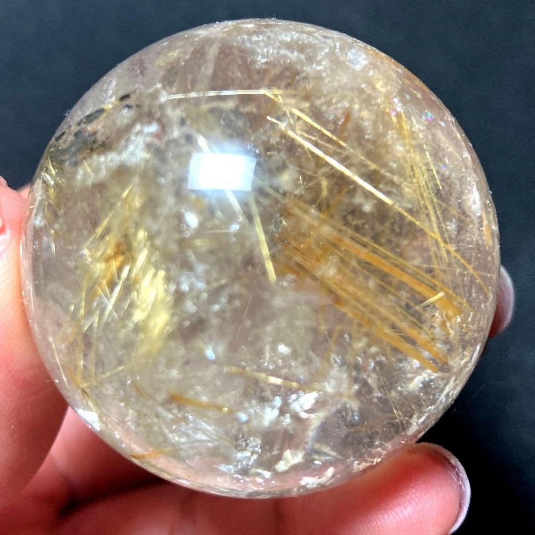 43mm 虹入りゴールドルチルクォーツ　丸玉　スフィア　金針水晶