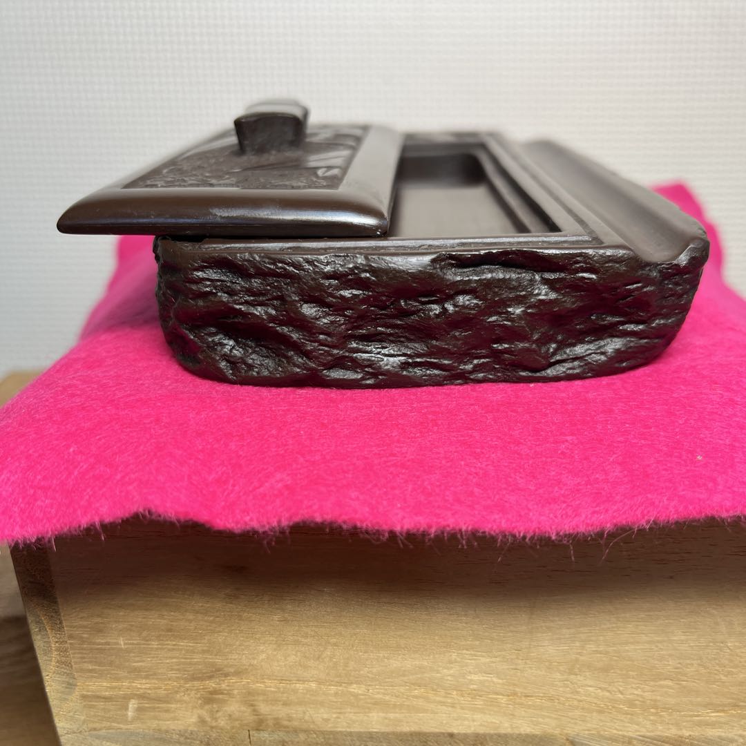 ⭕️赤間硯　彫刻蓋付き硯　木村玉池堂　木村保一　硯匠　華泉作　美品　女性好み