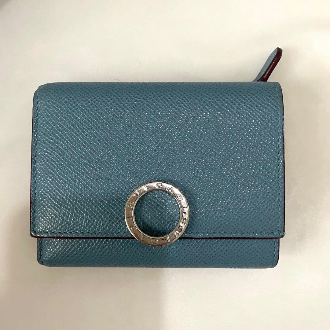 【未使用級】ブルガリ 三つ折り 財布 ロゴ サークル レザー 水色 ボルドー