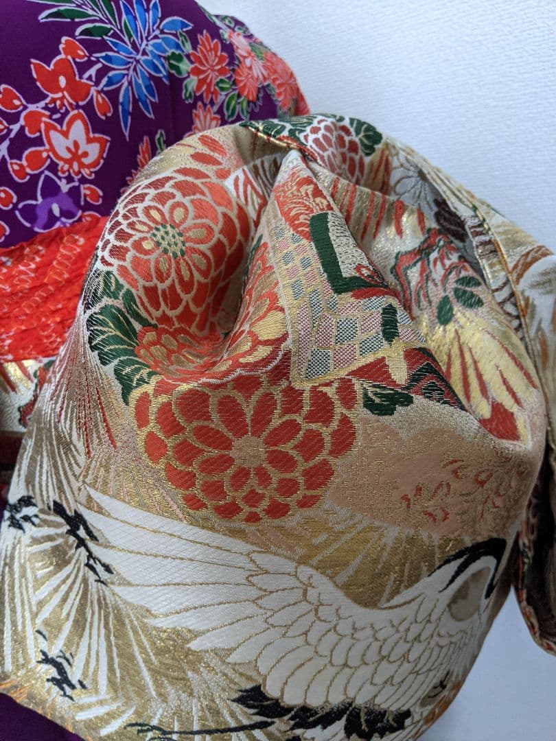 正絹袋帯からの作り帯　鶴 文庫結び　アンティーク　七五三ジュニア帯　成人式振袖