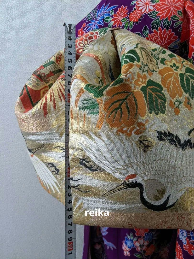 正絹袋帯からの作り帯　鶴 文庫結び　アンティーク　七五三ジュニア帯　成人式振袖