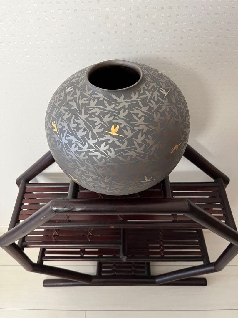 萬古輝彩鶴文壺、醉月窯、陶器、工芸品、古美術、花器、壺、飾り