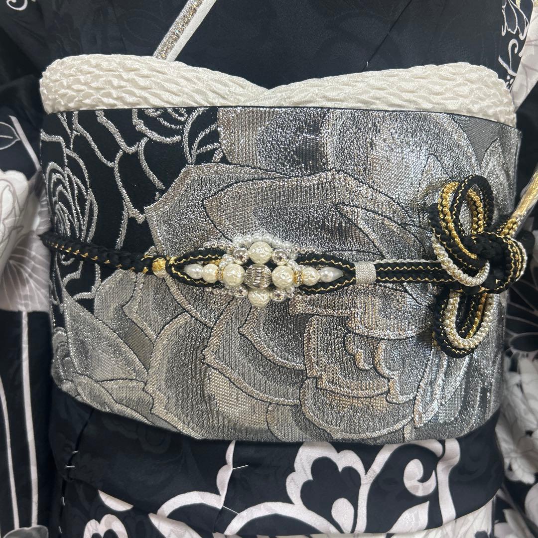 シックな黒地モノトーン薔薇と乱菊の振袖フルセット