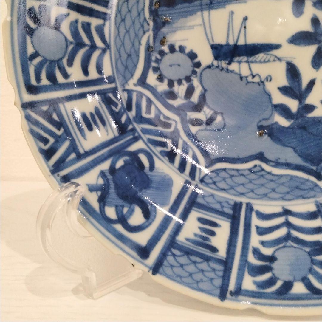 u348-4　中国 清朝期 古染付 芙蓉手 飛蝗文大皿 時代唐物　Q