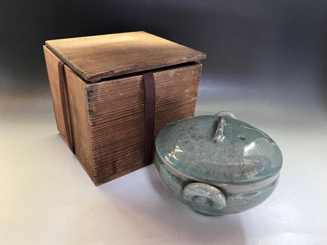 鉢■青磁氷結紋 蓋物 喰籠 高麗青磁 耳付き 直し有り 植木鉢 時代物 骨董■