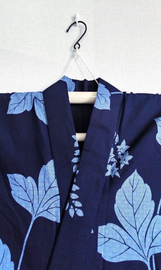 あやのん★百貨店仕立浴衣葉柄花柄藍色ネイビーくすみブルー注染紺地紺色高島屋