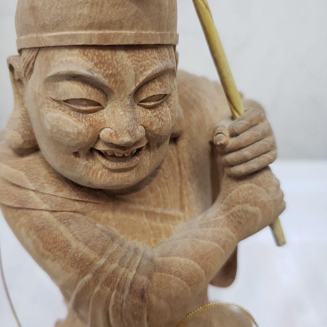 Ｂフライデー蔵出し特価縁起物七福神楠材恵比寿像えべっさん身丈23cm棹先34cm