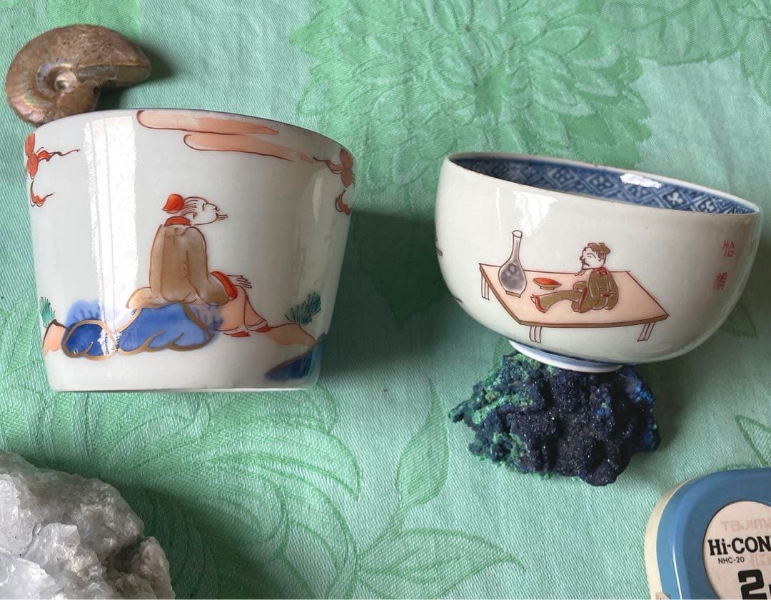 江戸期　古伊万里　金彩　染付　色絵　賢人図　蕎麦猪口　湯呑み茶碗