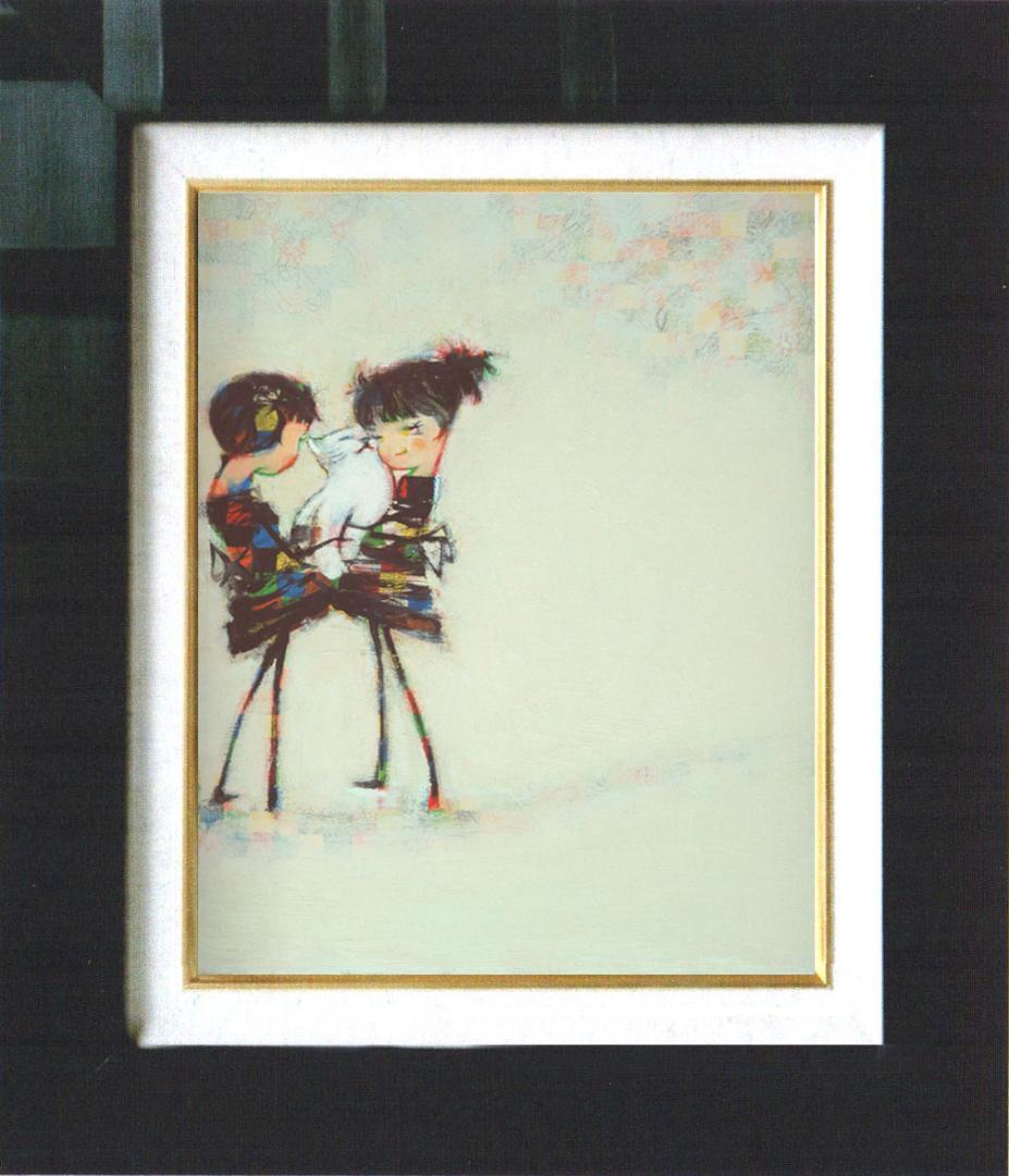 油絵 菅家令子 絵 絵画インテリア 額付(銀) F4-072619 子猫と女の子