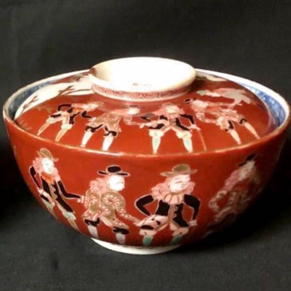 Mai【和 骨董】古伊万里 金襴手 ラッタン人阿蘭陀船の図 蓋茶碗 和蘭陀