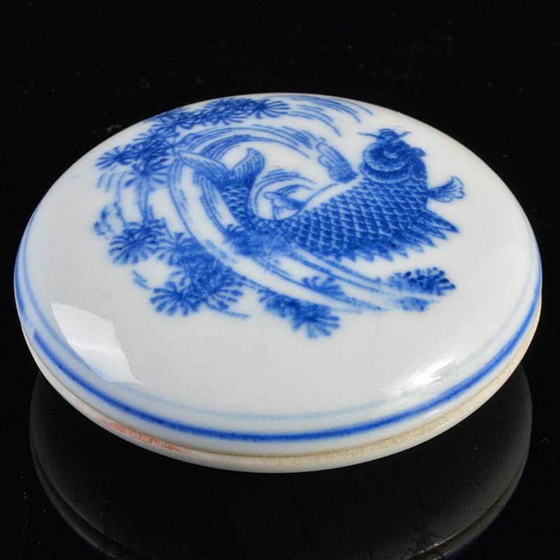 中国　景徳鎮製款　青花　魚藻文　香合　時代箱付　C　R6154