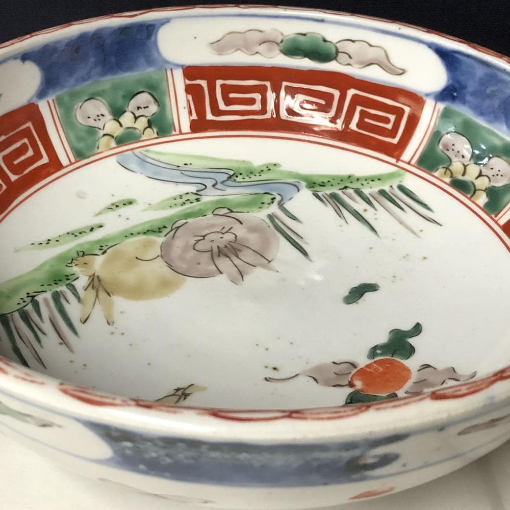 e1315 古伊万里 色絵 鉢 うさぎ 兎 二重高台 色絵鉢
