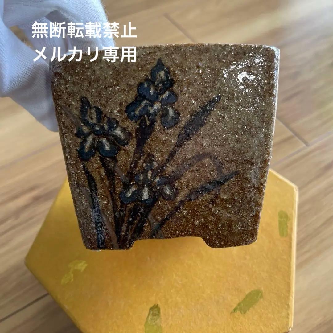 盆栽鉢　桑津香石　絵鉢　正方形　菖蒲　椿　小品盆栽