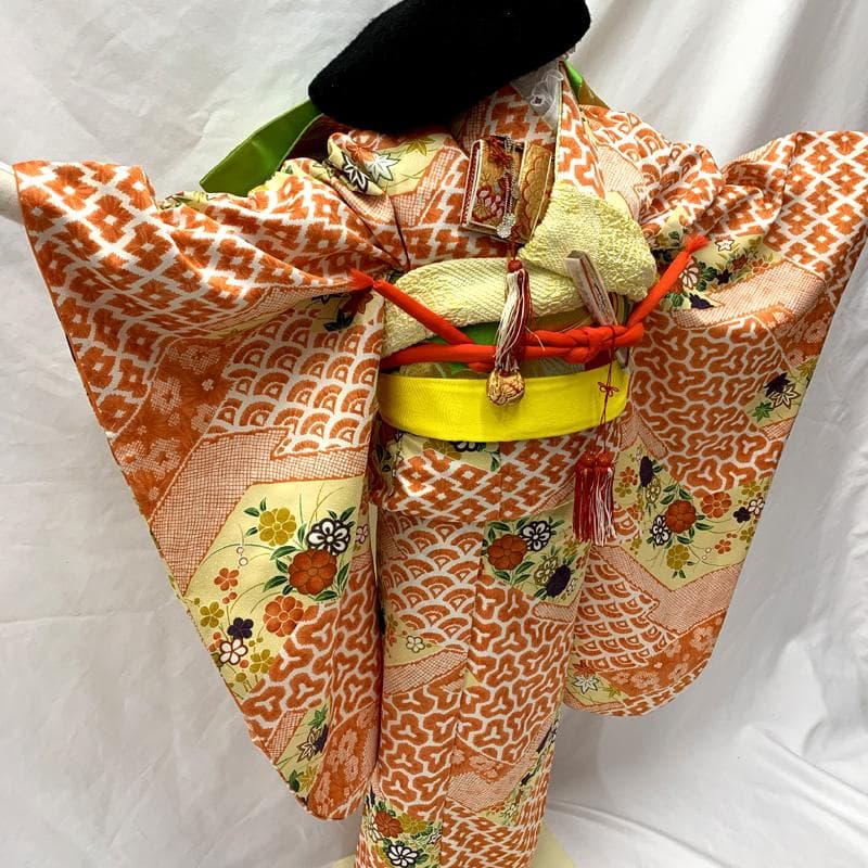 503ag68□七五三 七歳 女児 着物&袋帯 青海波 花□美品