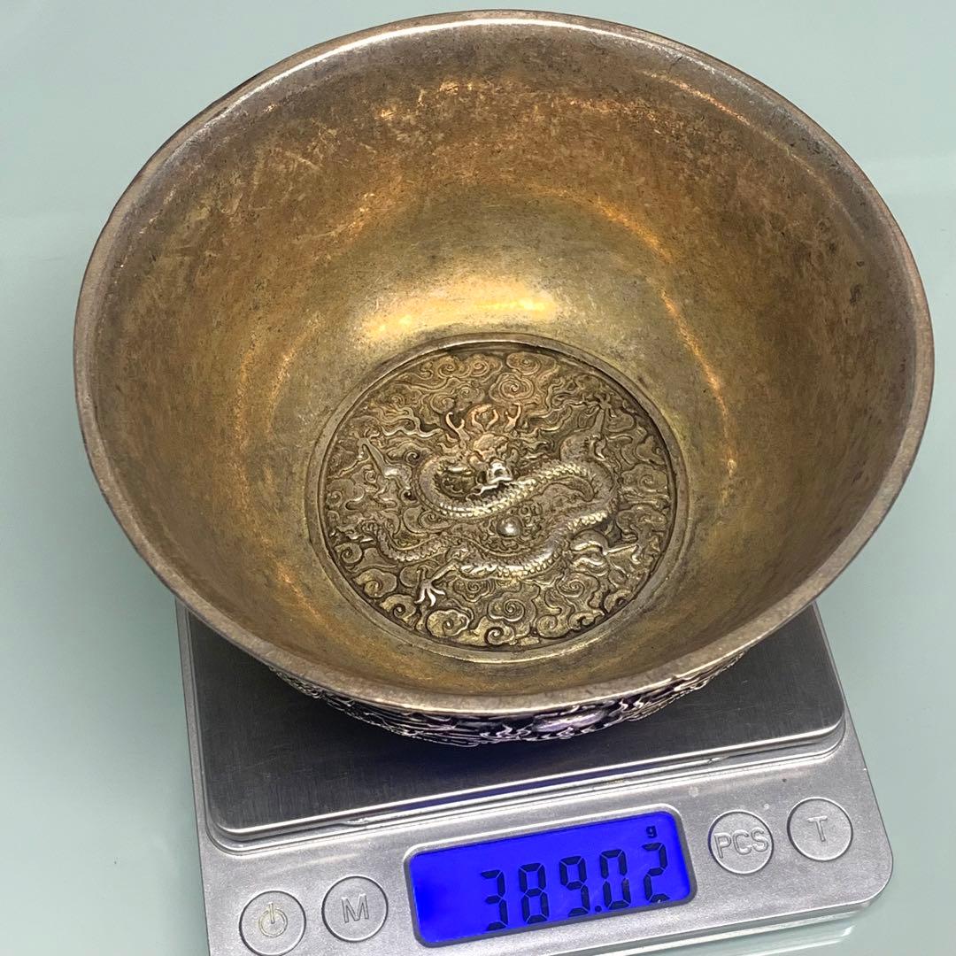 古い彫刻の皿　騰雲銀龍　雙龍戲珠　アンティーク