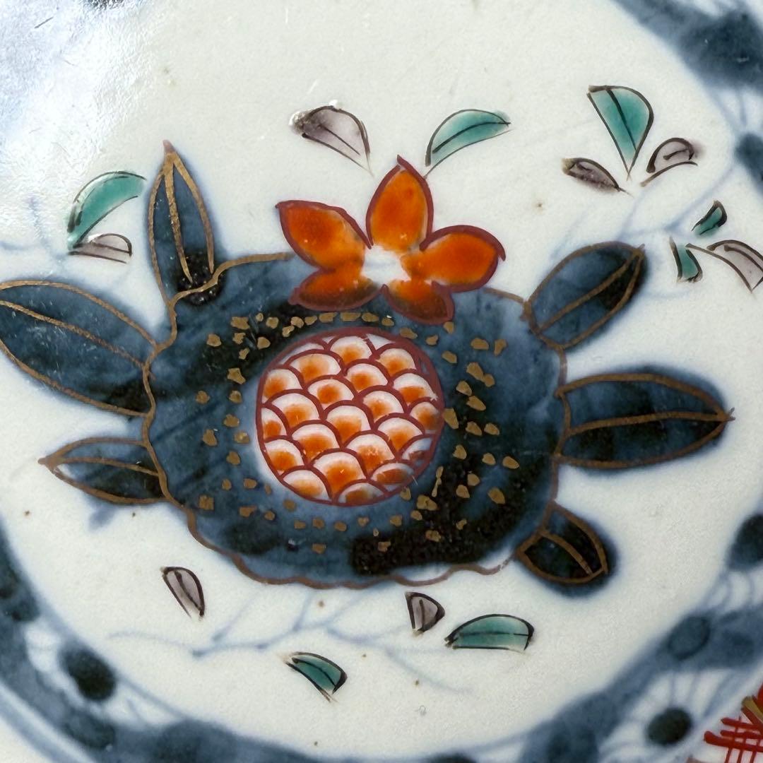 江戸中期〜後期　古伊万里　色絵柘榴文菊花形　なます皿　5枚　裏七宝結文　上物