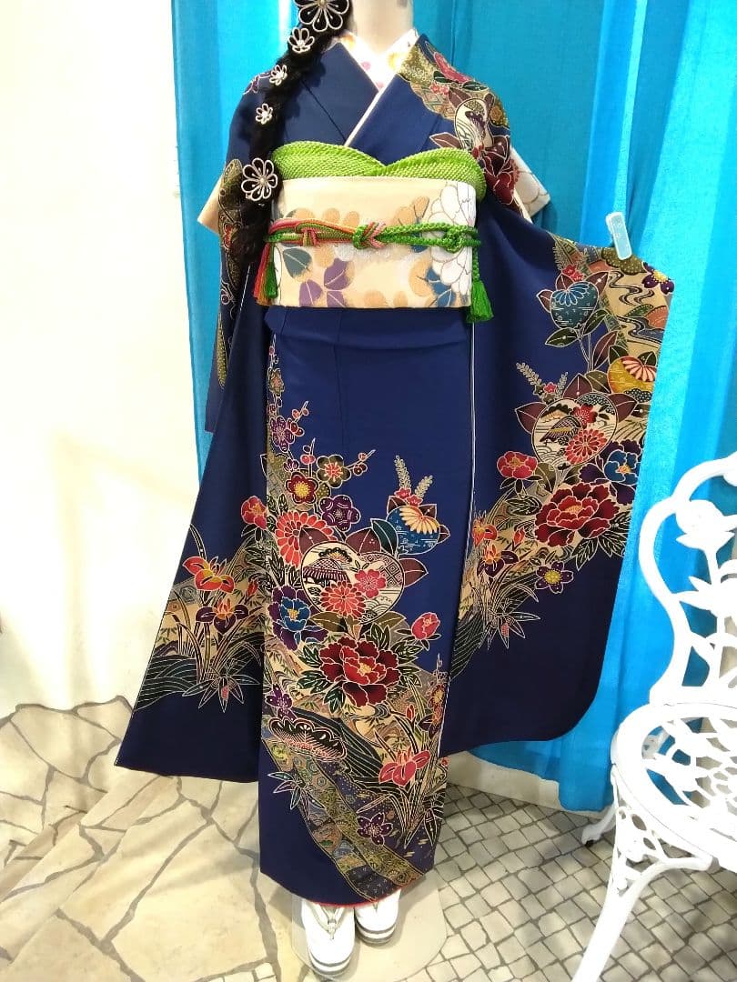 振袖フルセット、正絹紅型成人式、重ね衿、帯揚げ帯締め、西陣袋帯、襦袢、ガード加工