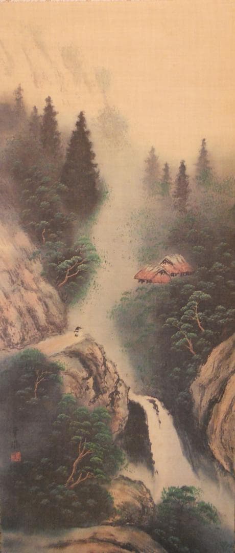 掛け軸 華風 彩色山水 絹本 希少 軸装 茶道具 掛軸 美品 です。