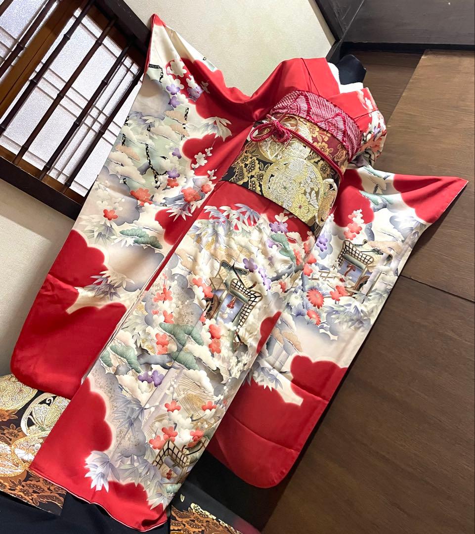 振袖フルセット6点サイズM〜Ｌサイズ御所車花文　松竹梅　暈し染め　金彩　正絹