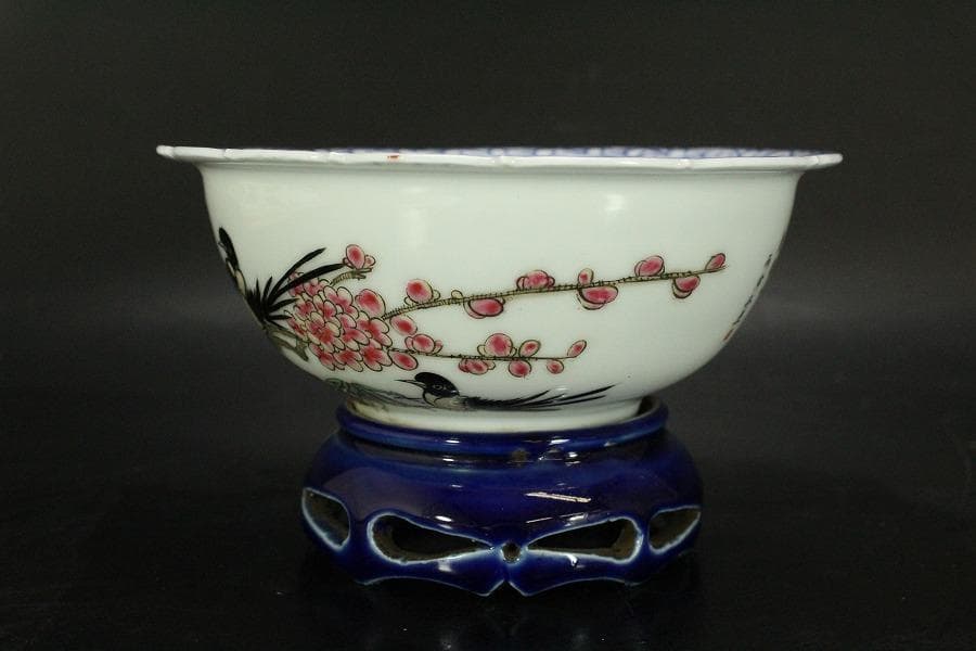 中国美術 色絵 花鳥紋 題詞 瑠璃遊台 碗 雍正年製(LC258)