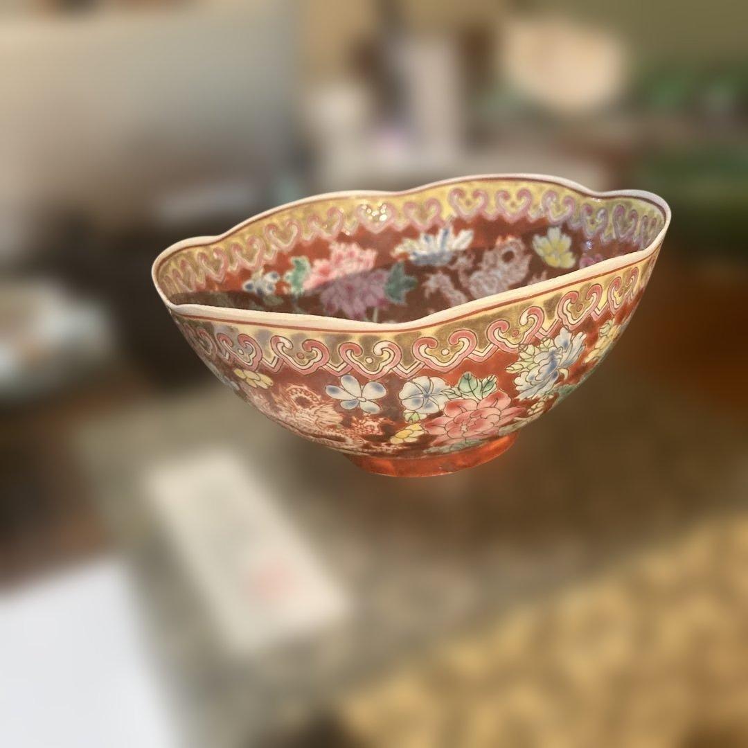 多色花模様陶器ボウル 専用箱付き