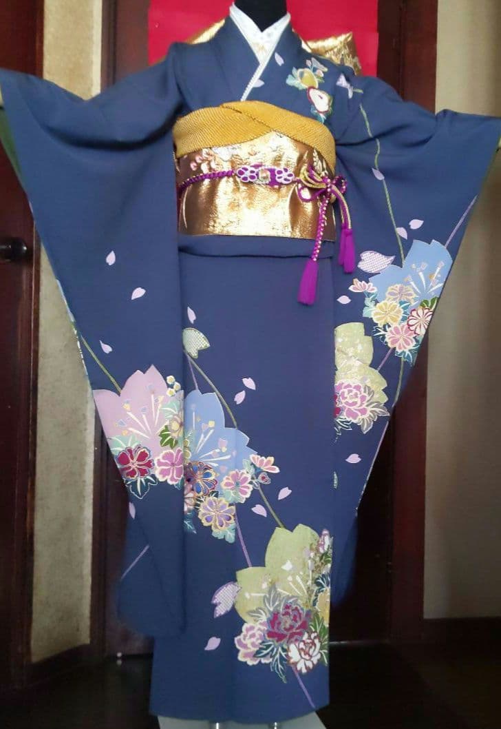 331【最終価格】【落款】【ブルーグレー】【正絹振袖6点フルセット】成人式卒業式