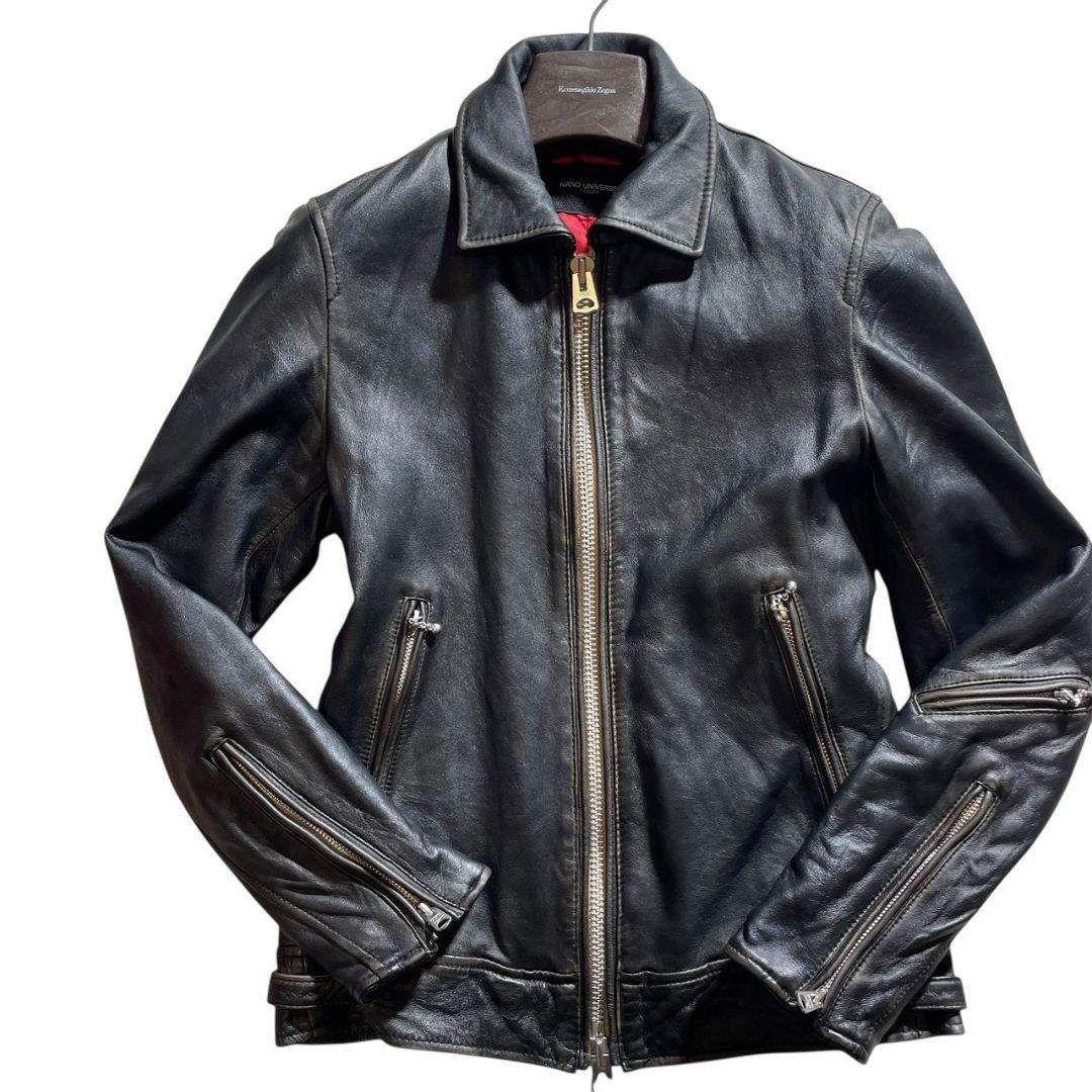 ナノユニバース シープレザー シングルライダース キルティング ブラック