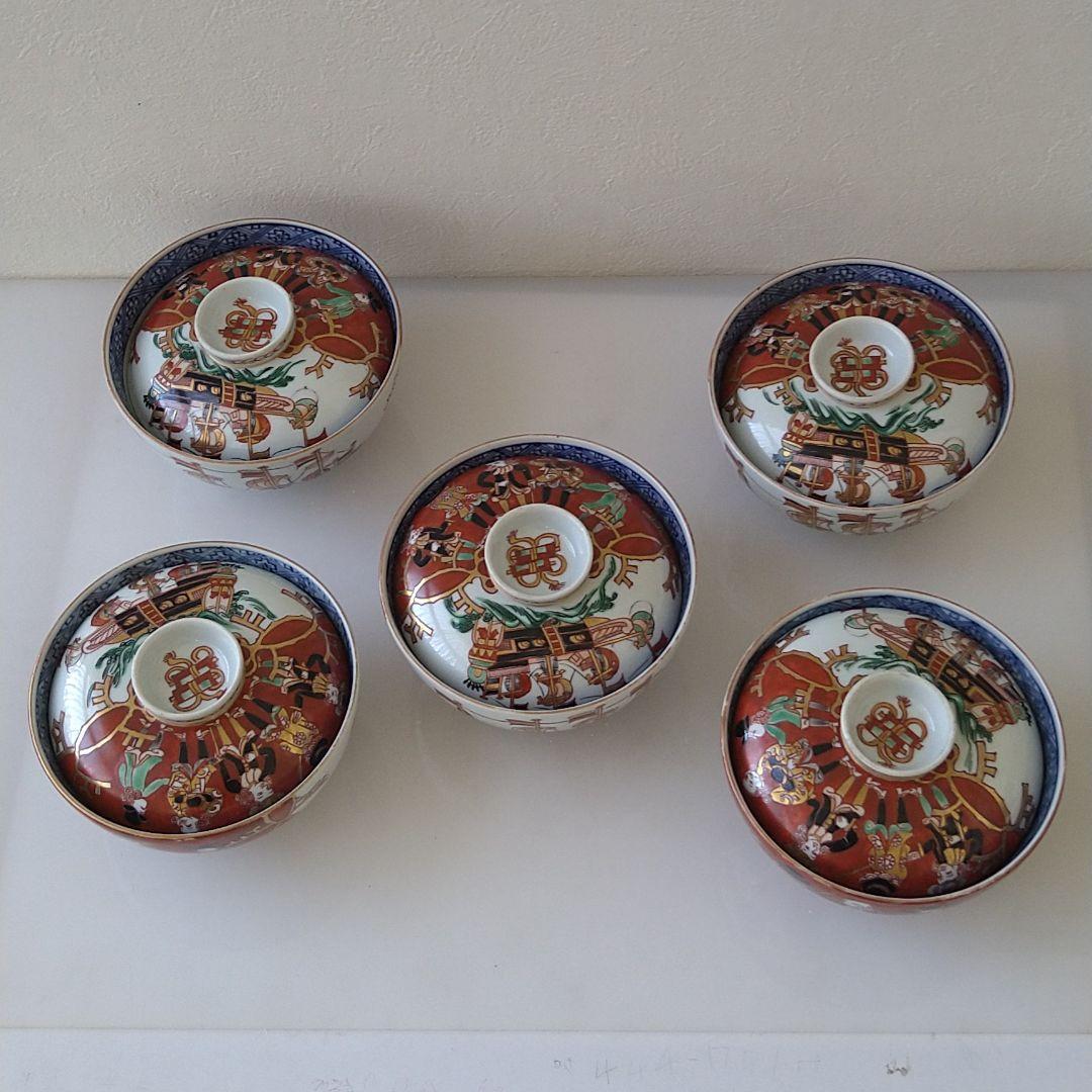 NO.14伊萬里色絵蘭人蘭船図蓋付茶碗五客