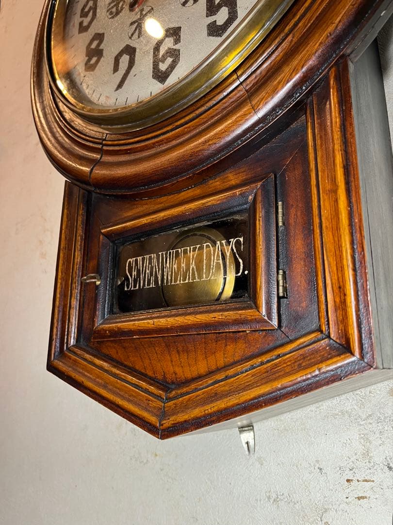 七曜日カレンダー付　柱時計　古時計　振り子　レトロ　ゼンマイ　精工舎　ゼンマイ