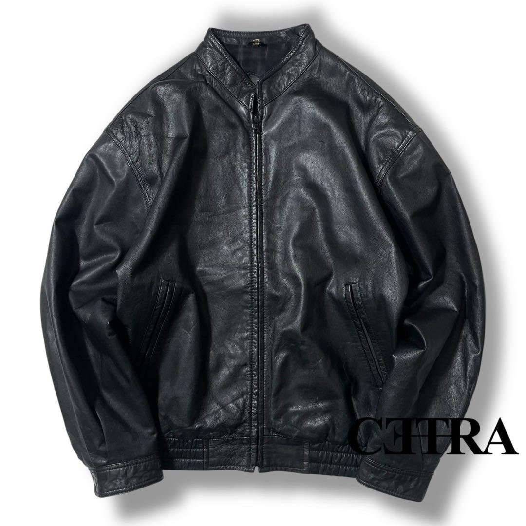 90s ノーカラー ショート丈 本革 リアルレザー ボンバー ブルゾンジャケット