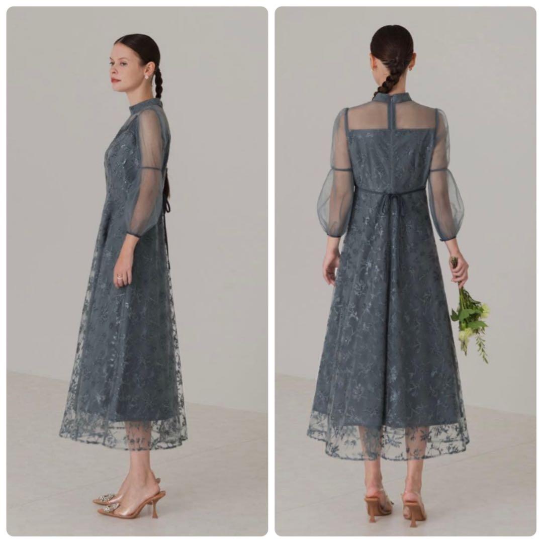 レジャ 花柄レーススパンコールハートカットドレス ロングワンピース M ブルー