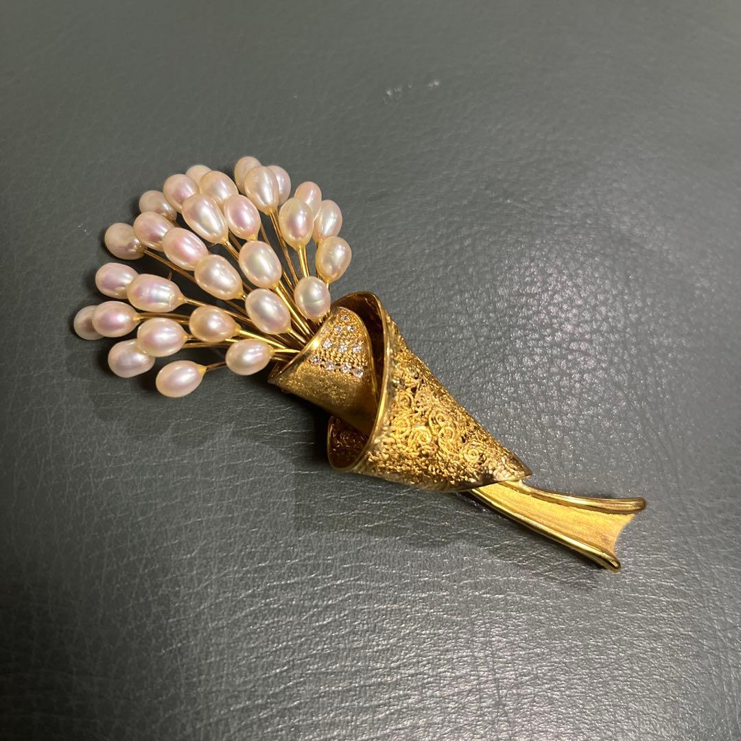 真珠の花束デザイン ゴールドブローチ　K18