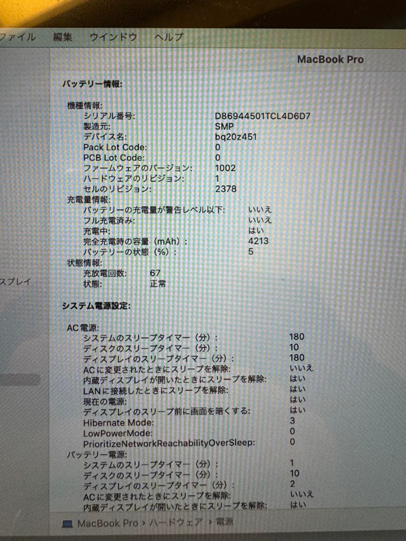 MacBook Pro 2019 充放電回数67回