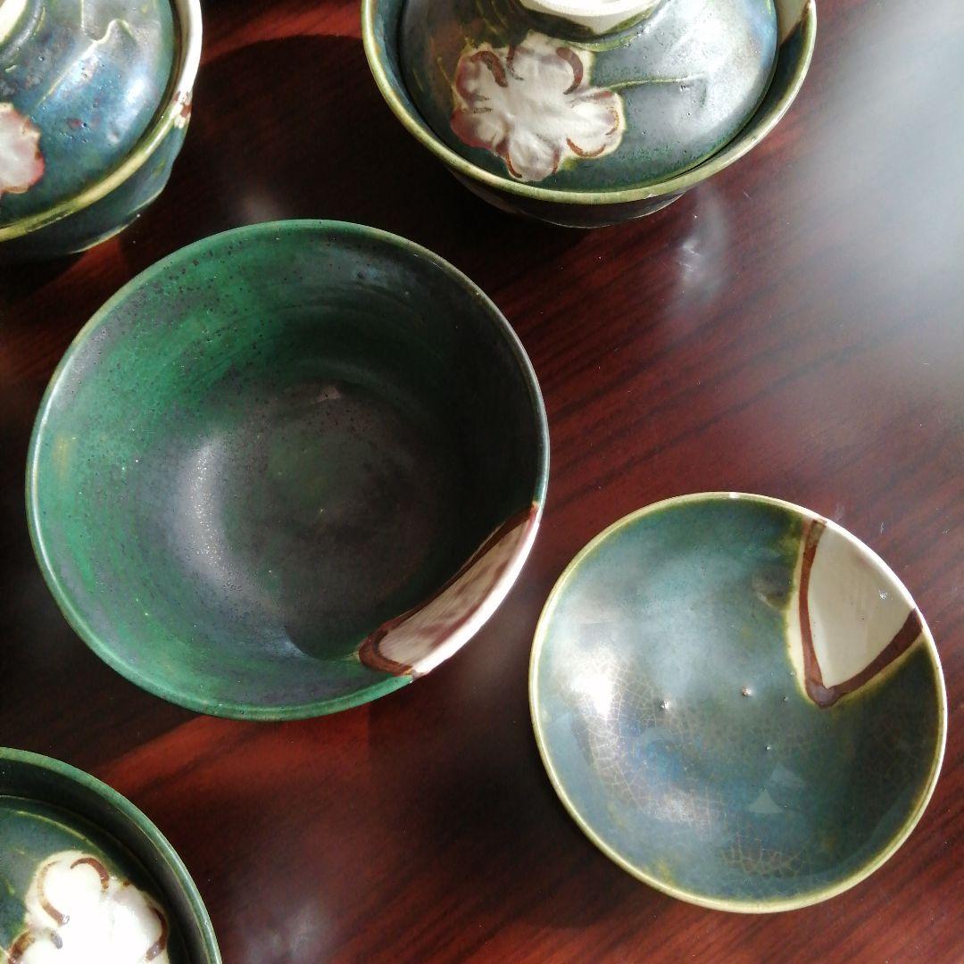 瀬戸焼　加藤作助　織部蓋茶碗　7客　12cm　大正〜昭和初期