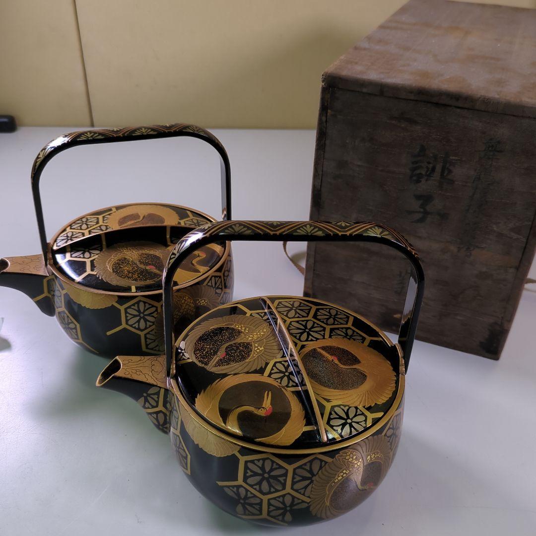 舞鶴模様蒔絵　銚子　１対　時代物　　 懐石道具　金彩　骨董品　蔵出し