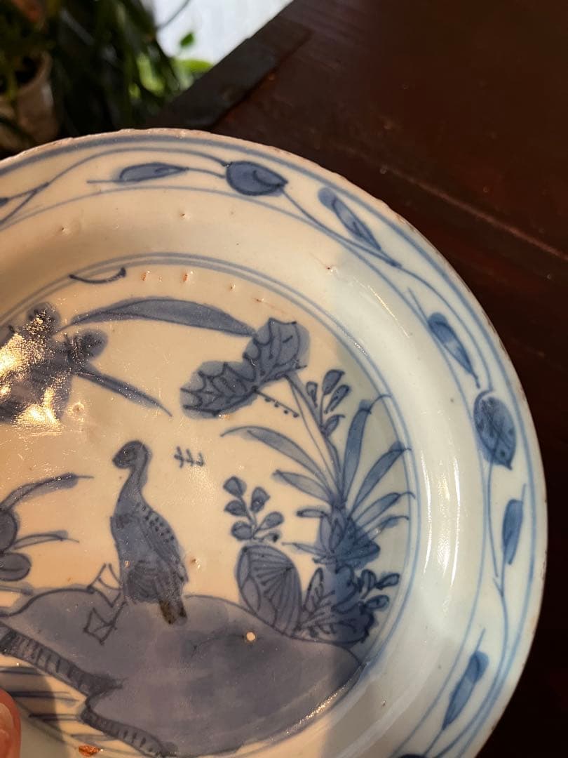 中国古玩　古染付　水辺に鳥　明　清朝期　青花　鍔皿　　古伊万里　染付　藍九谷