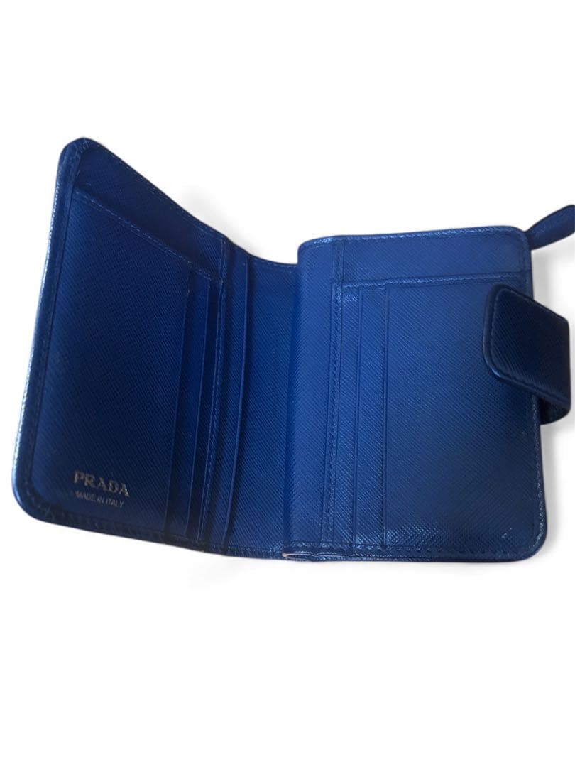 [美品]PRADA プラダ 二つ折り財布 ネイビー ゴールドロゴ