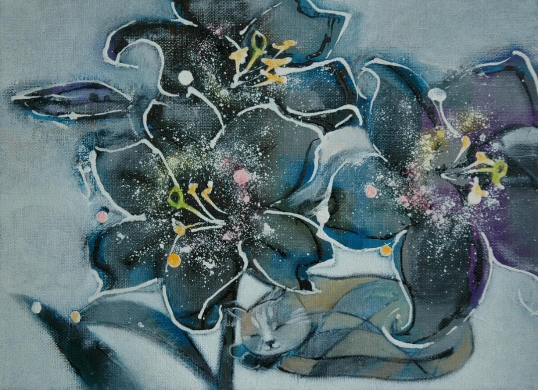 油絵 菅家令子絵 絵画インテリア額付(青緑＋金色の枠)F4-050620猫の昼寝