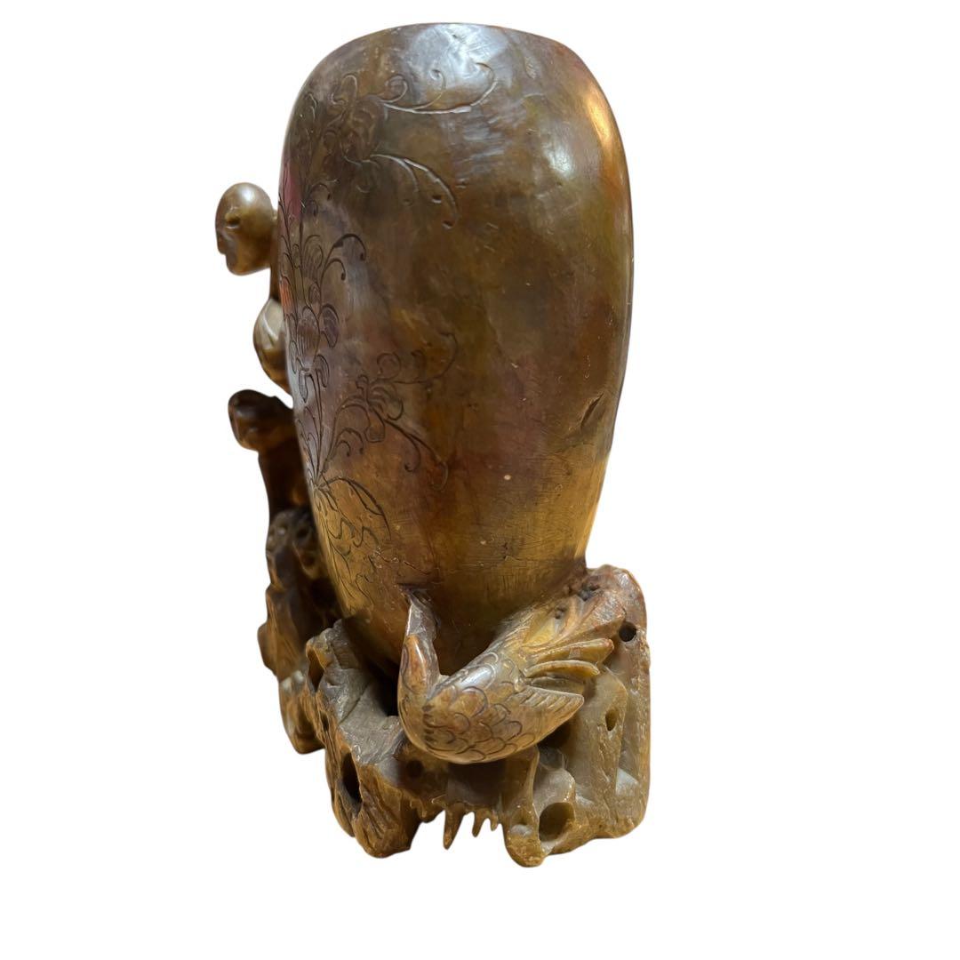 中国美術 寿山石 彫刻 置物 縁起物 【猿・蓮・雉】天然石 石彫 アンティーク